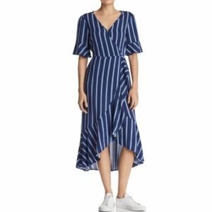 Band of Gypsies ruffled faux wrap dress high low blue white striped GUC size L